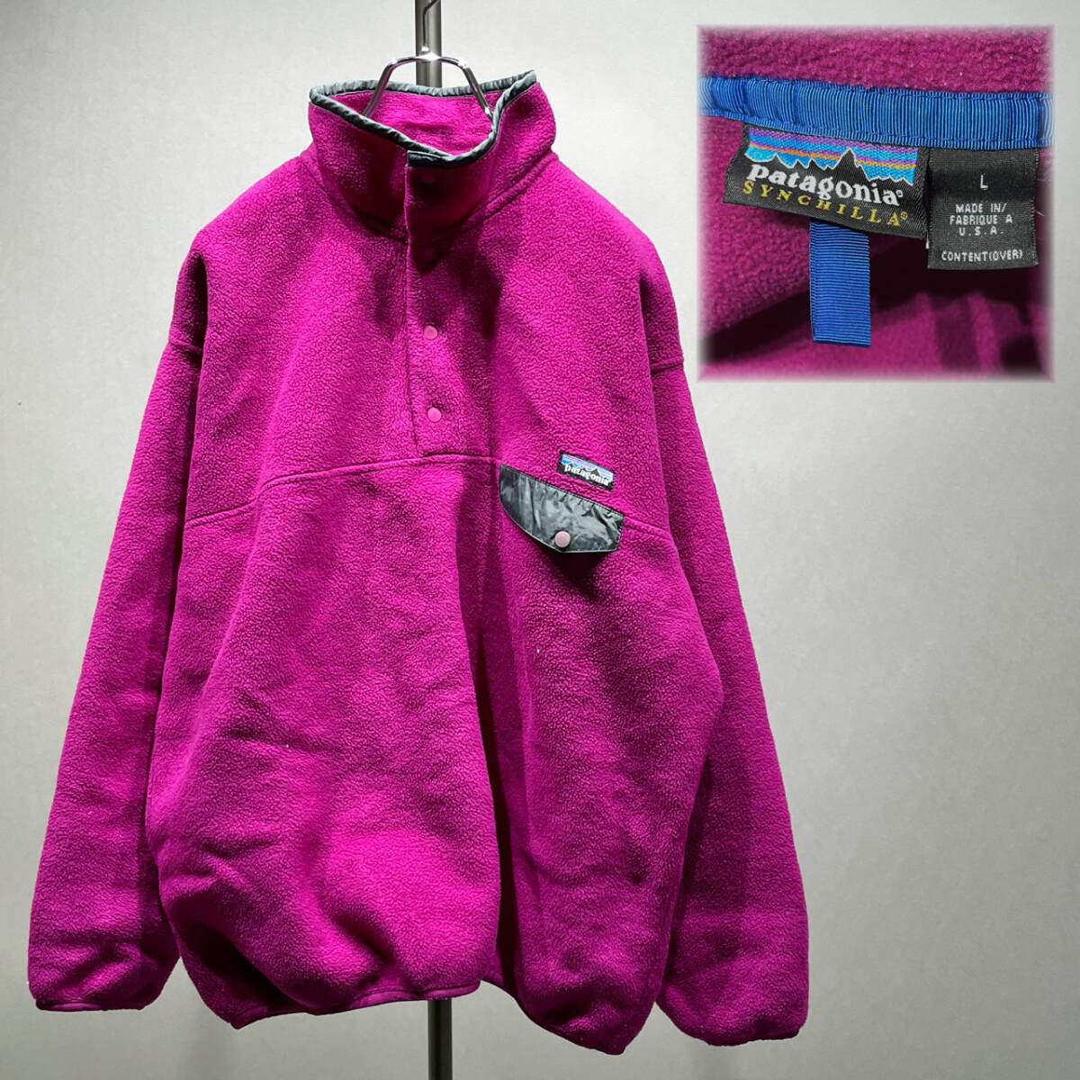 MS3574 90's Patagonia パタゴニア SYNCHILLA シンチラ スナップT Lサイズ パープル 紫 ポケット (検)フリース ハーフ 秋 冬 アウトドア 拍卖