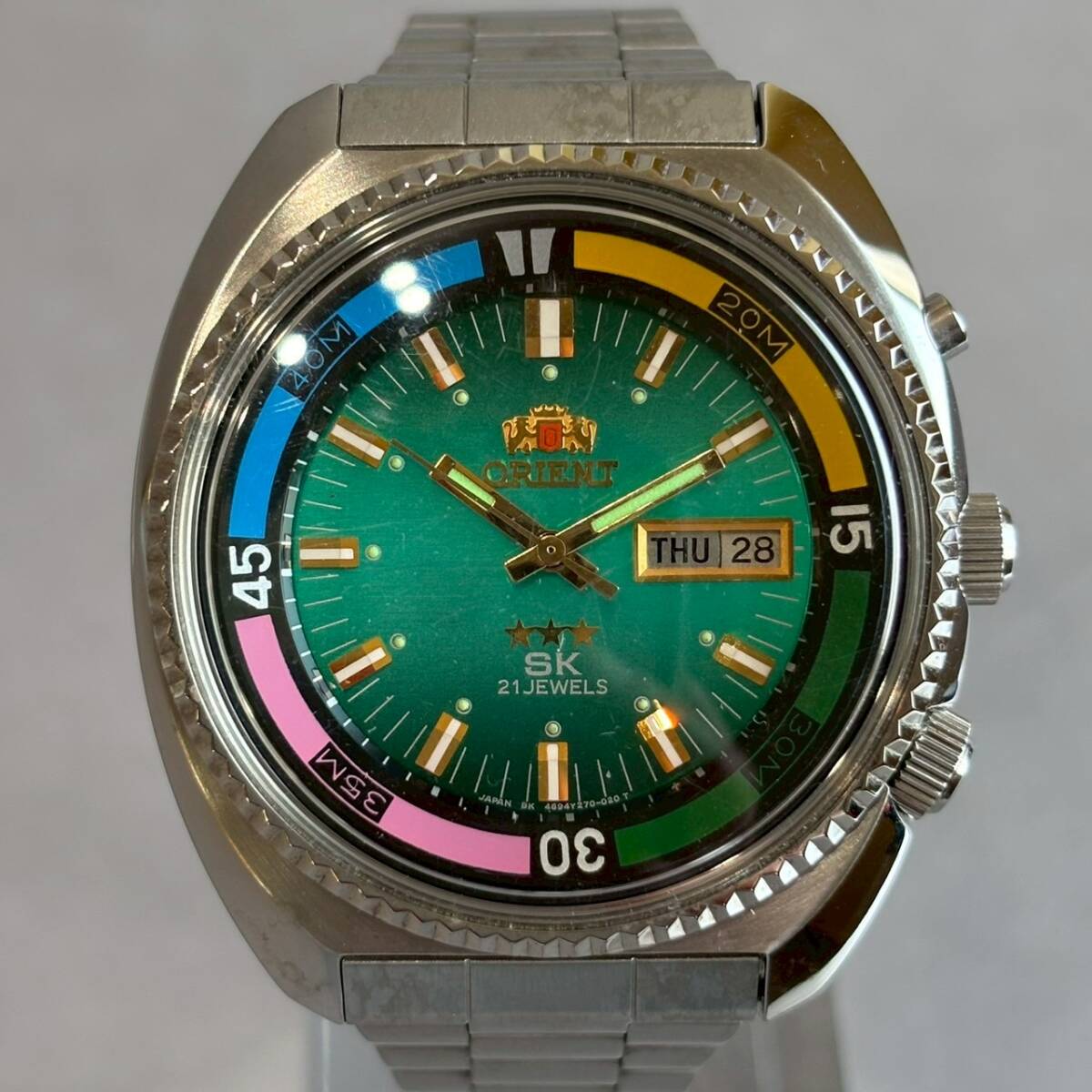 YM1322 稼働品 ORIENT SK ダイバー 469617-7E 自動巻 3針 21石 デイデイト 腕時計 余りコマ 説明書 付属品 タグ 箱付き シルバー グリーン拍卖