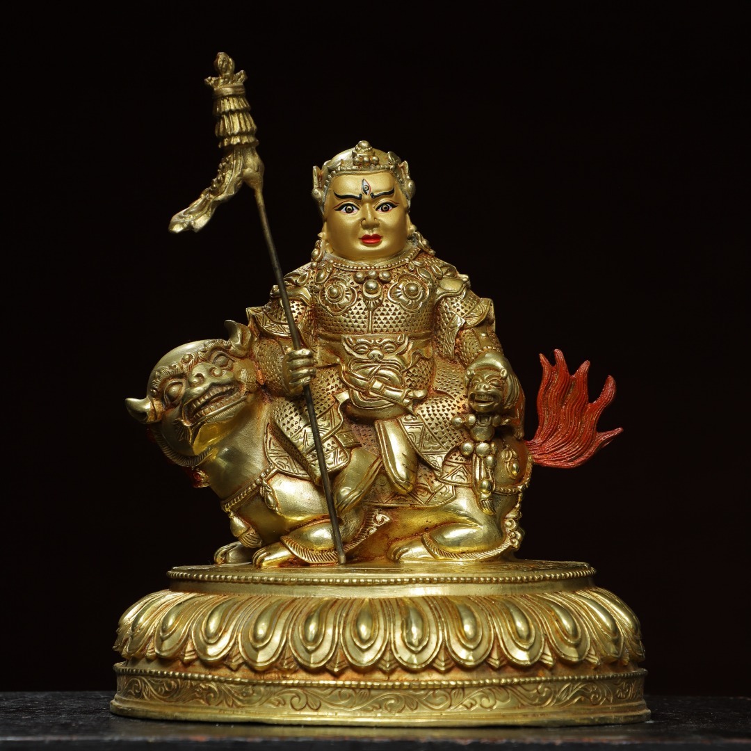 旧蔵 古銅彫 塗金 描彩 財寶天王 佛像 古擺件 古置物 中国古玩 骨董品 時代物 稀少唐物拍卖
