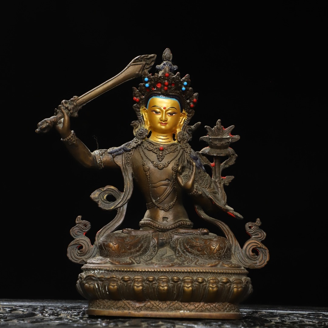 旧蔵 古銅彫 塗金 描彩 文殊菩薩 佛像 古擺件 古置物 中国古玩 骨董品 時代物 稀少唐物拍卖