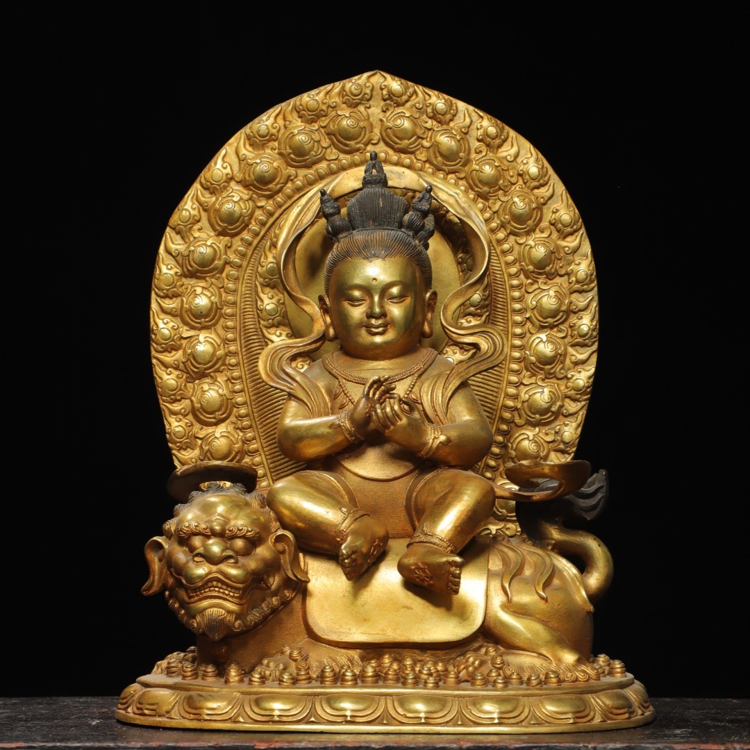 旧蔵 古銅彫 塗金 童子騎獸 佛像 古擺件 古置物 中国古玩 骨董品 時代物 稀少唐物拍卖