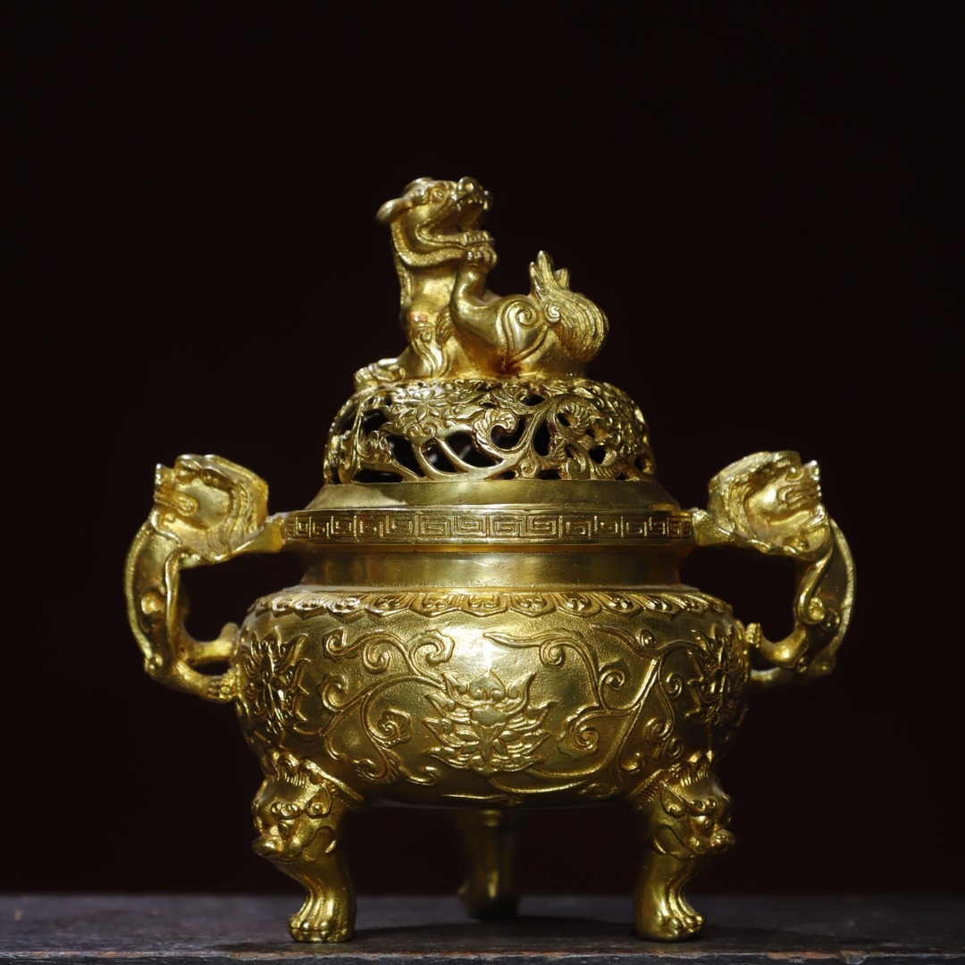 旧蔵 古銅彫 塗金 獅蓋 薰香炉 古擺件 古置物 中国古玩 骨董品 時代物 稀少唐物拍卖