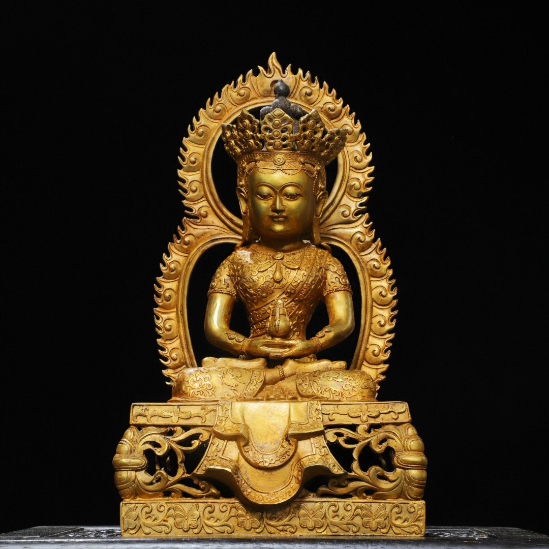 旧蔵 古銅彫 塗金 背光 長寿佛 佛像 古擺件 古置物 中国古玩 骨董品 時代物 稀少唐物拍卖