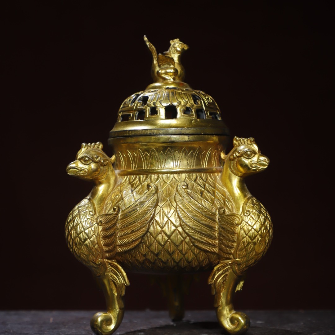 旧蔵 古銅彫 塗金 三足鳳凰 薰炉 香炉 古擺件 古置物 中国古玩 骨董品 時代物 稀少唐物拍卖