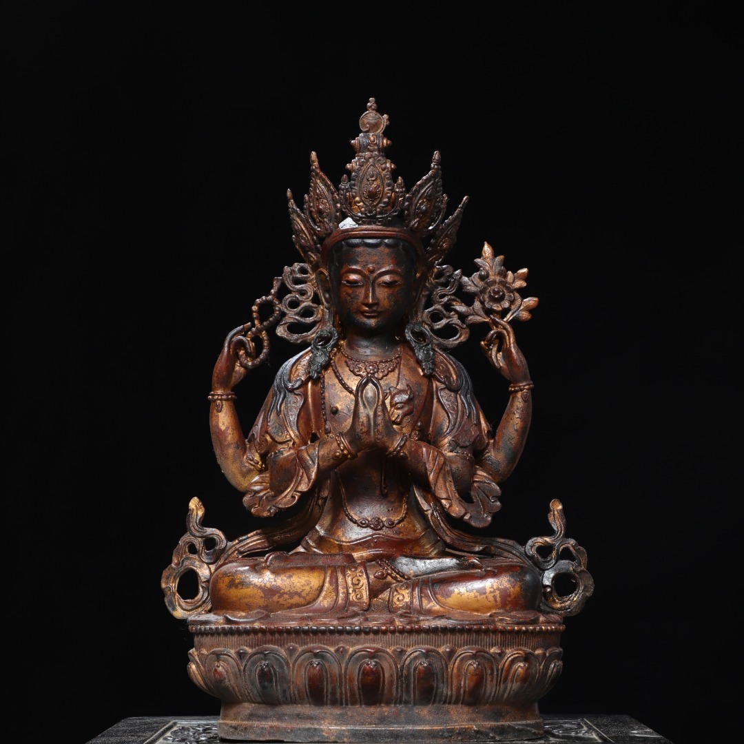 旧蔵 清時代 古銅彫 泥金 四臂観音 供養仏 古銅製 銅製品 中国古玩 骨董品 時代物 稀少唐物拍卖