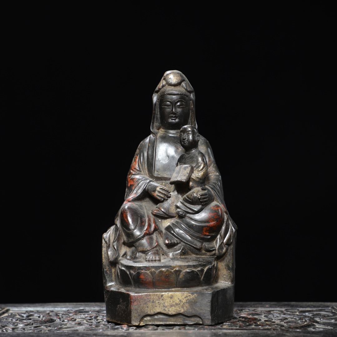 旧蔵 古銅彫 拓金 送子觀音 佛像 擺件 古擺件 古置物 中国古玩 骨董品 時代物 稀少唐物拍卖