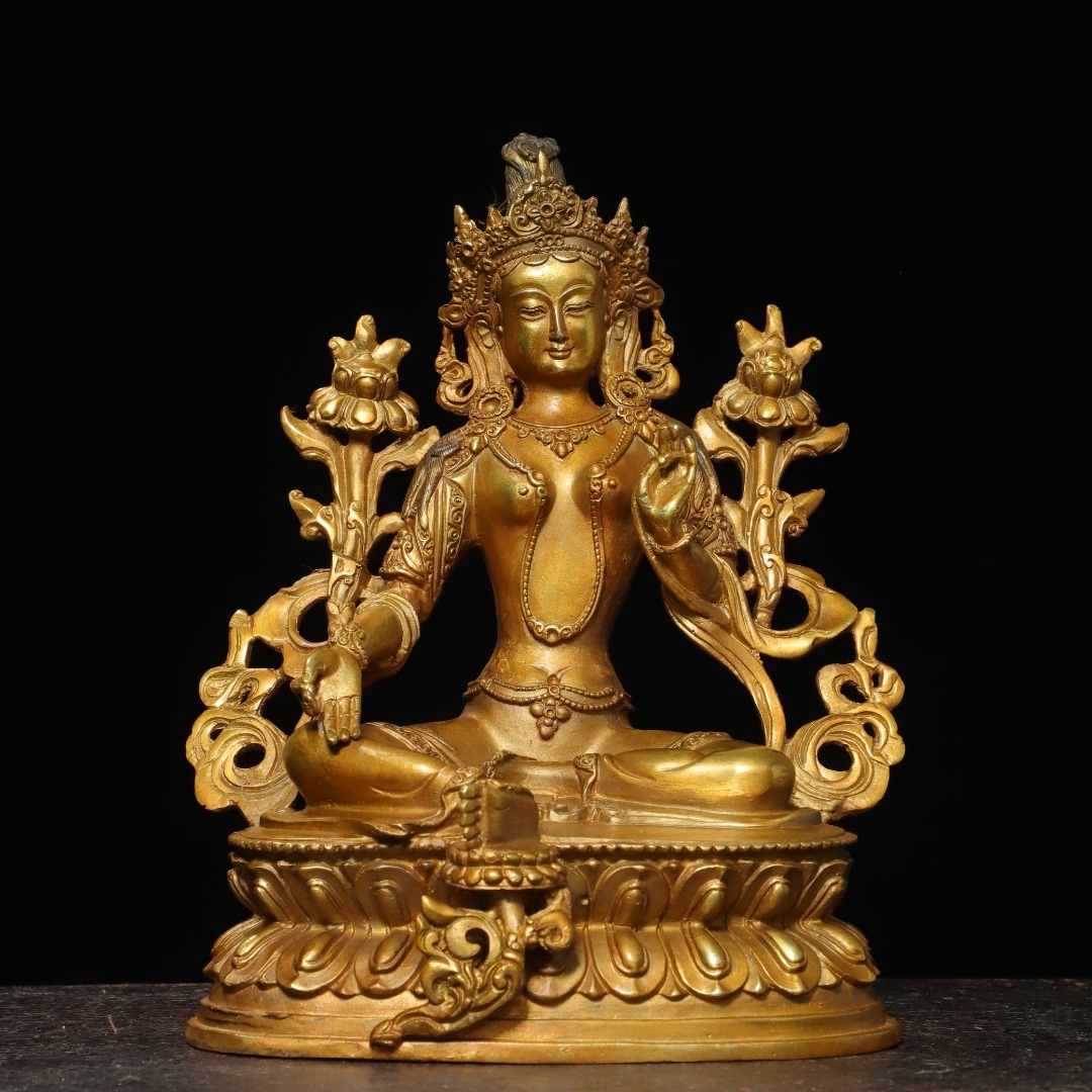 旧蔵 古銅彫 塗金 緑度母 佛像 古擺件 古置物 中国古玩 骨董品 時代物 稀少唐物拍卖