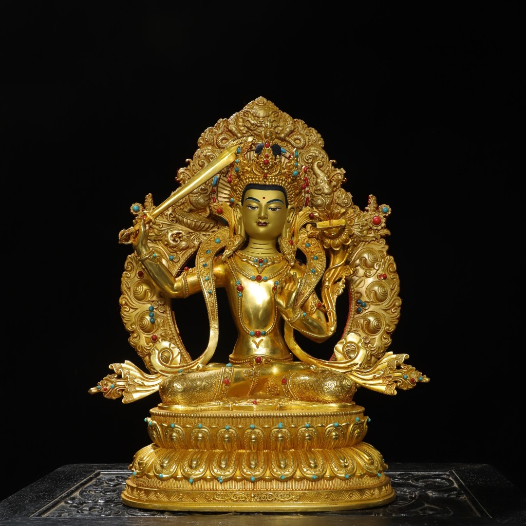 旧蔵 古銅彫 塗金 描彩 文殊菩薩 佛像 擺件 古擺件 古置物 中国古玩 骨董品 時代物 稀少唐物拍卖