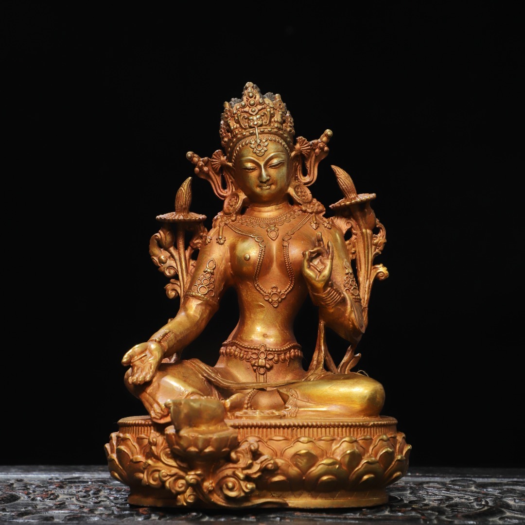 旧蔵 古銅彫 塗金 緑度母 古擺件 古置物 中国古玩 骨董品 時代物 稀少唐物拍卖