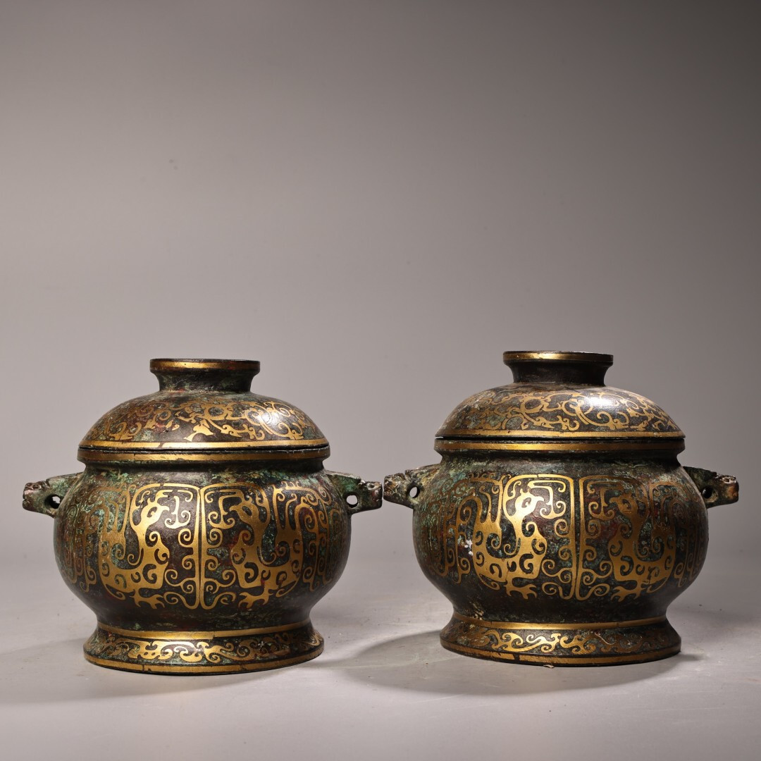 旧蔵 青銅器 錯金 罐 一對 古擺件 古置物 中国古玩 骨董品 時代物 稀少唐物拍卖