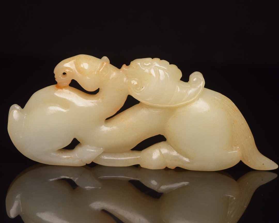 旧蔵 和田玉彫 馬上有福 根付 中国古玩 骨董品 時代物 稀少唐物拍卖