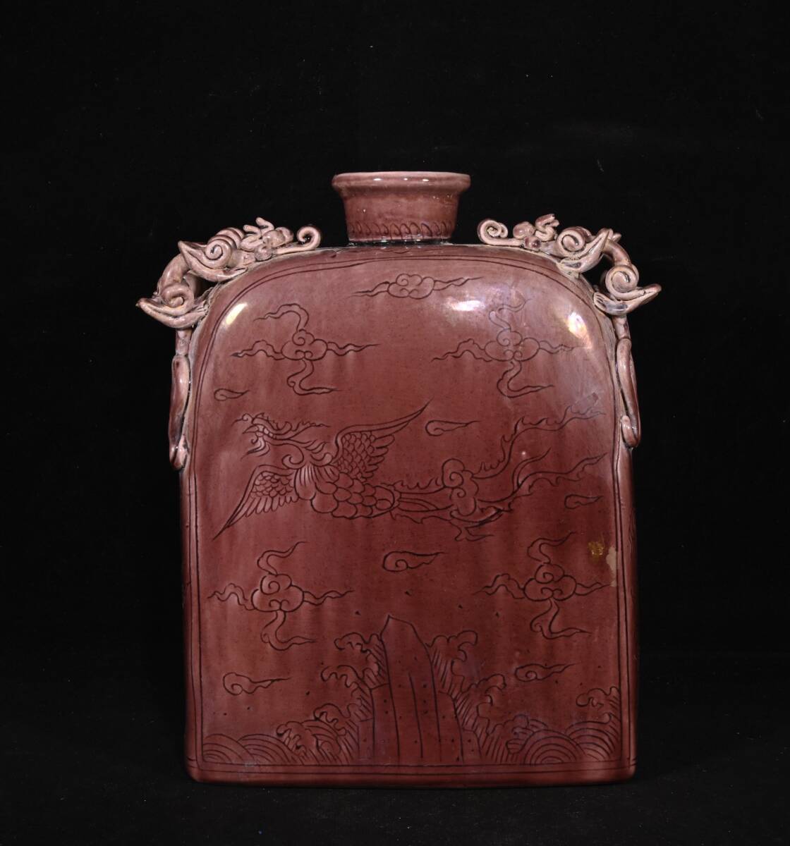 旧蔵 明代 鳳紋 四係扁瓶 古陶瓷品 陶藝 古擺件 古置物 中国古玩 骨董品 時代物 稀少唐物拍卖