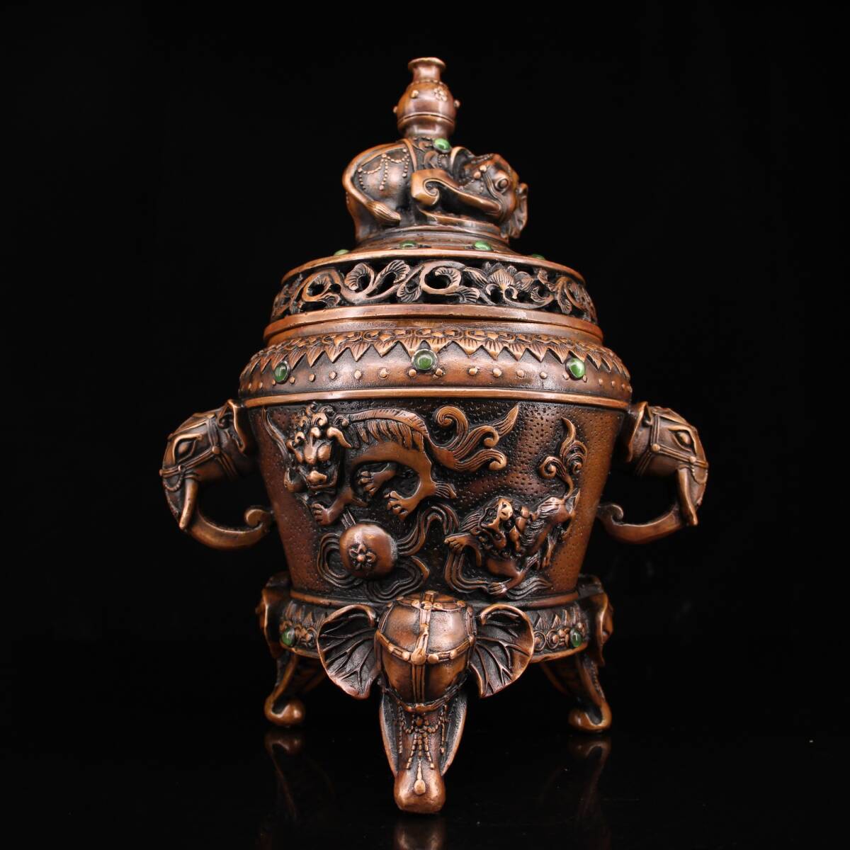 旧蔵 古銅彫 寶石嵌 熏香炉 古擺件 古置物 中国古玩 骨董品 時代物 稀少唐物拍卖