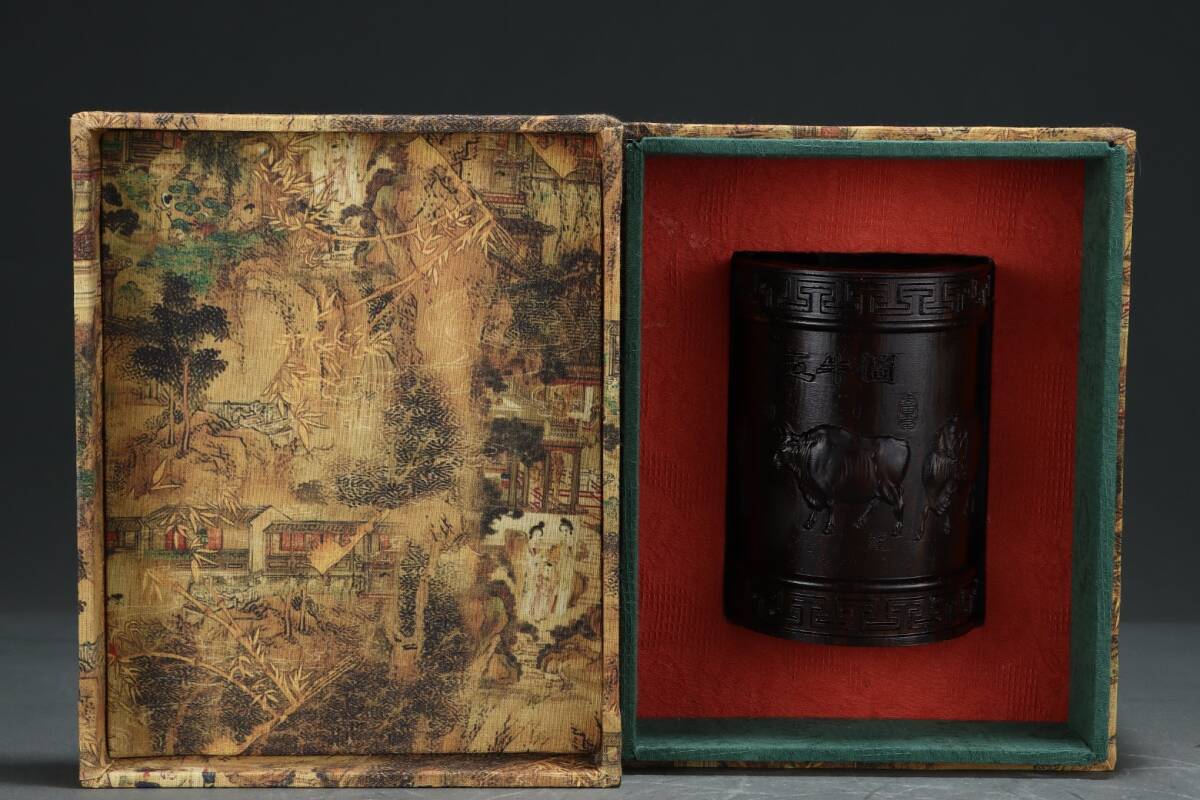 旧蔵 沈香木彫 五牛圖 筆筒 擺件 古擺件 古置物 中国古玩 骨董品 時代物 稀少唐物拍卖
