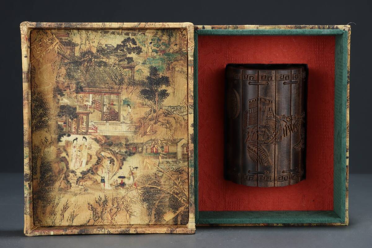 旧蔵 沈香木彫 筆筒 古擺件 古置物 中国古玩 骨董品 時代物 稀少唐物拍卖