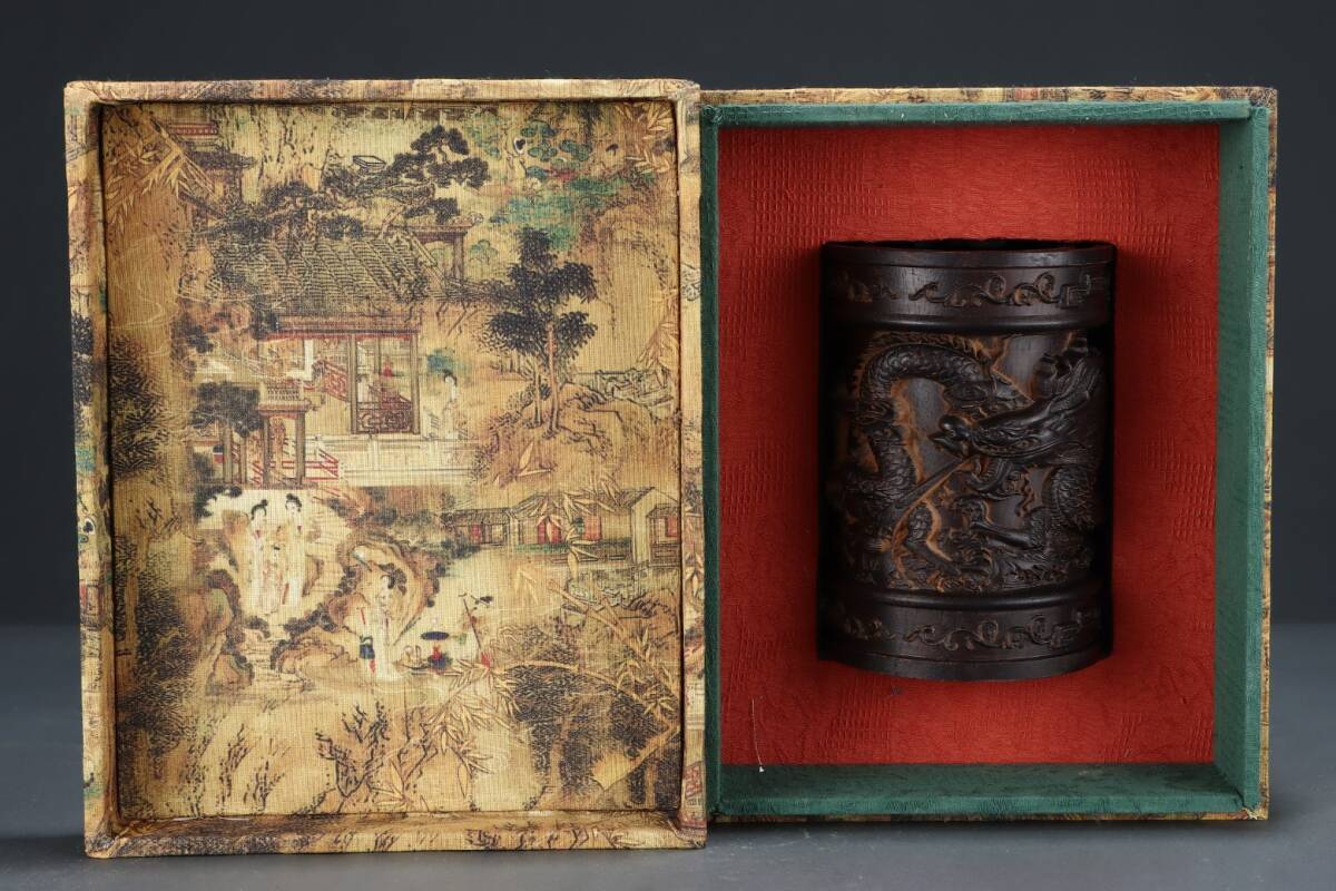 旧蔵 沈香木彫 雙龍戯珠 筆筒 古擺件 古置物 中国古玩 骨董品 時代物 稀少唐物拍卖