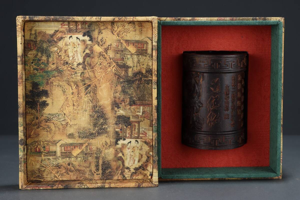 旧蔵 沈香木彫 道德經 筆筒 古擺件 古置物 中国古玩 骨董品 時代物 稀少唐物拍卖