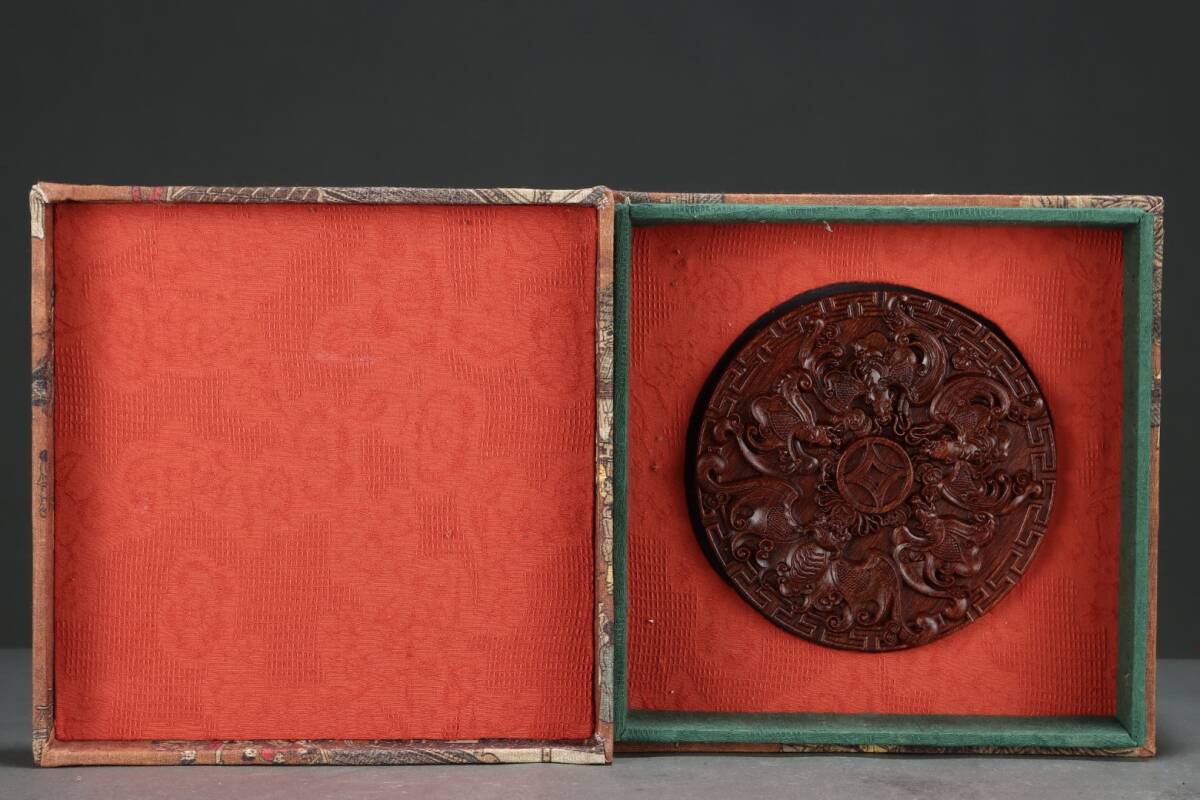 旧蔵 沈香木彫 五福臨門 圓盤 古擺件 古置物 中国古玩 骨董品 時代物 稀少唐物拍卖