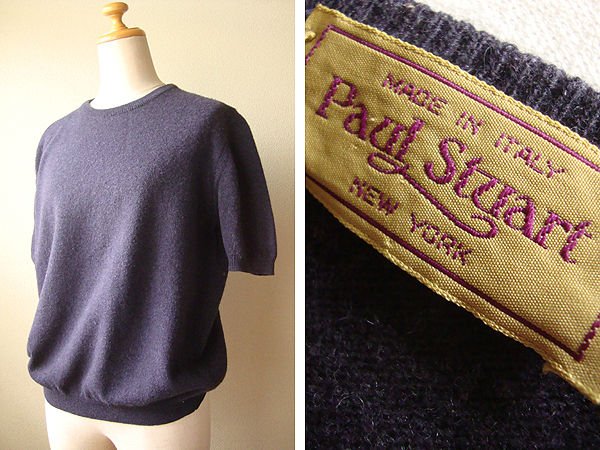 Paul Stuart ポールスチュアート イタリア製 毛100% 半袖 ニット セーター S-M グレー 紫 パープル ラウンドネック レディース拍卖