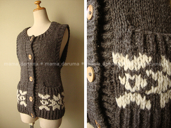 Ray BEAMS レイ ビームス 南米 ペルー製 ハンドメイド 毛100% カウチン ニット ベスト S-M 程度 グレー×白 雪柄 ノルディック拍卖