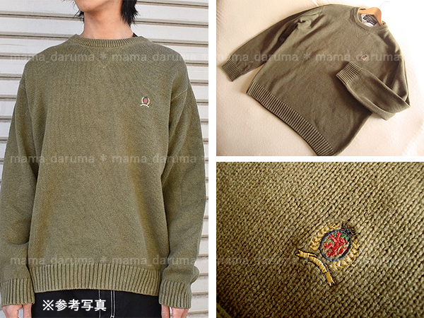 TOMMY HILFIGER トミーヒルフィガー コットン ニット 長袖 クールネック セーター L カーキ拍卖