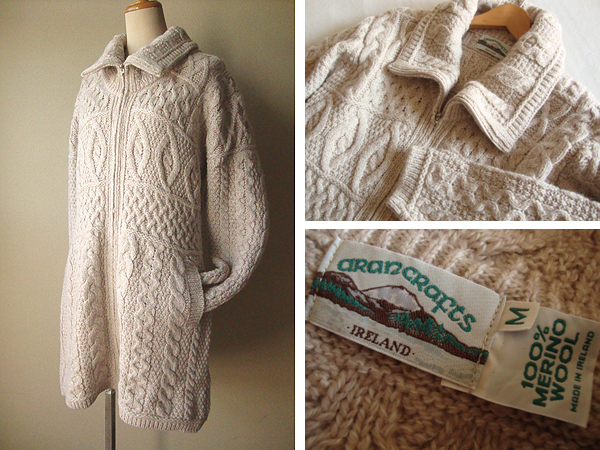 aran crafts アランクラフト 毛100% ケーブル編み フルジップ カーディガン M ベージュ アイルランド製 メリノウール ジャケット コート拍卖