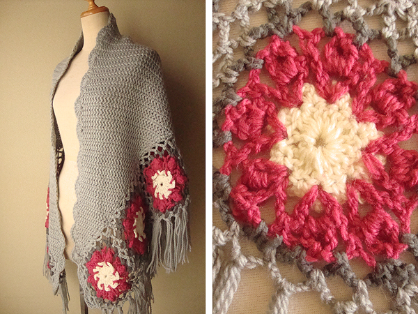 ハンドメイド 手編み 花 モチーフ ▼三角 H174×174cm グレー×ピンク 大判 フリンジ ストール かぎ針拍卖