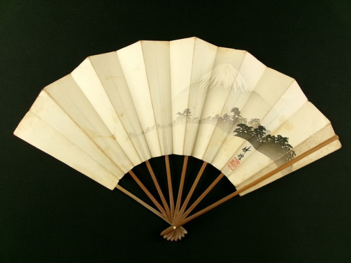 h23◆尾竹竹坡◆木版画 扇面◆富士山 日本画 浮世絵 南画 美術 扇子@刷物/摺物/書画/錦絵/古文書拍卖