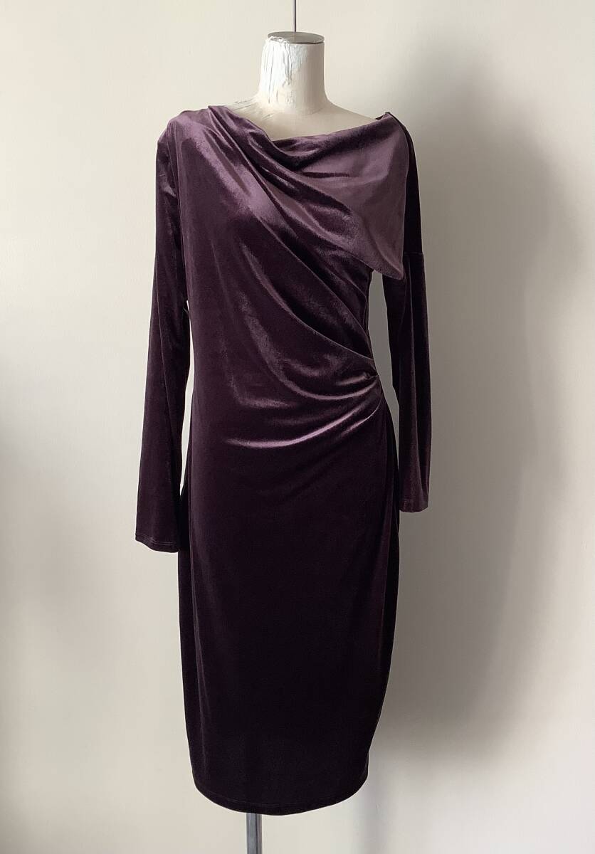 セール☆LAUREN Ralph Lauren新品8♪ダークプラムモーブ色ストレッチベルベット素材 Lendiva Long Sleeve Cocktail Dressワンピースドレス拍卖