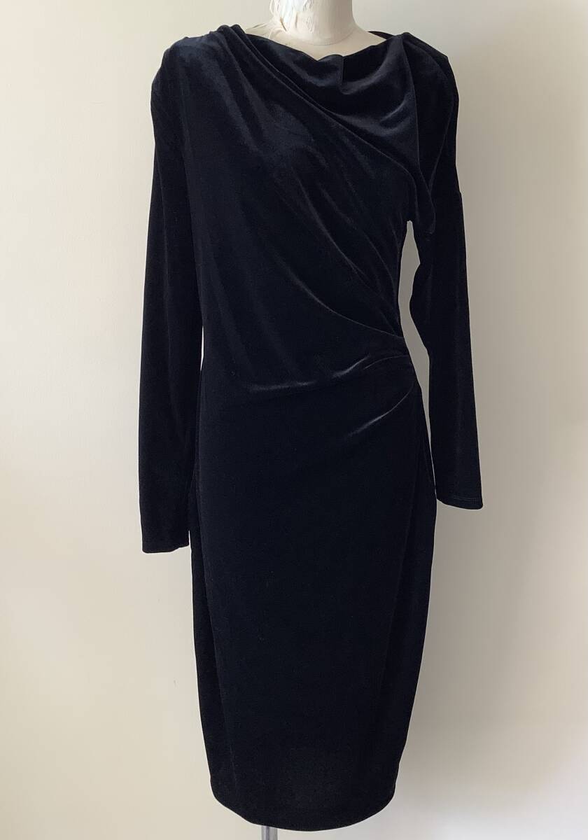 セール☆LAUREN Ralph Lauren新品12♪Black高品質ストレッチベルベット素材 Lendiva Long Sleeve Cocktail Dressワンピースドレス拍卖