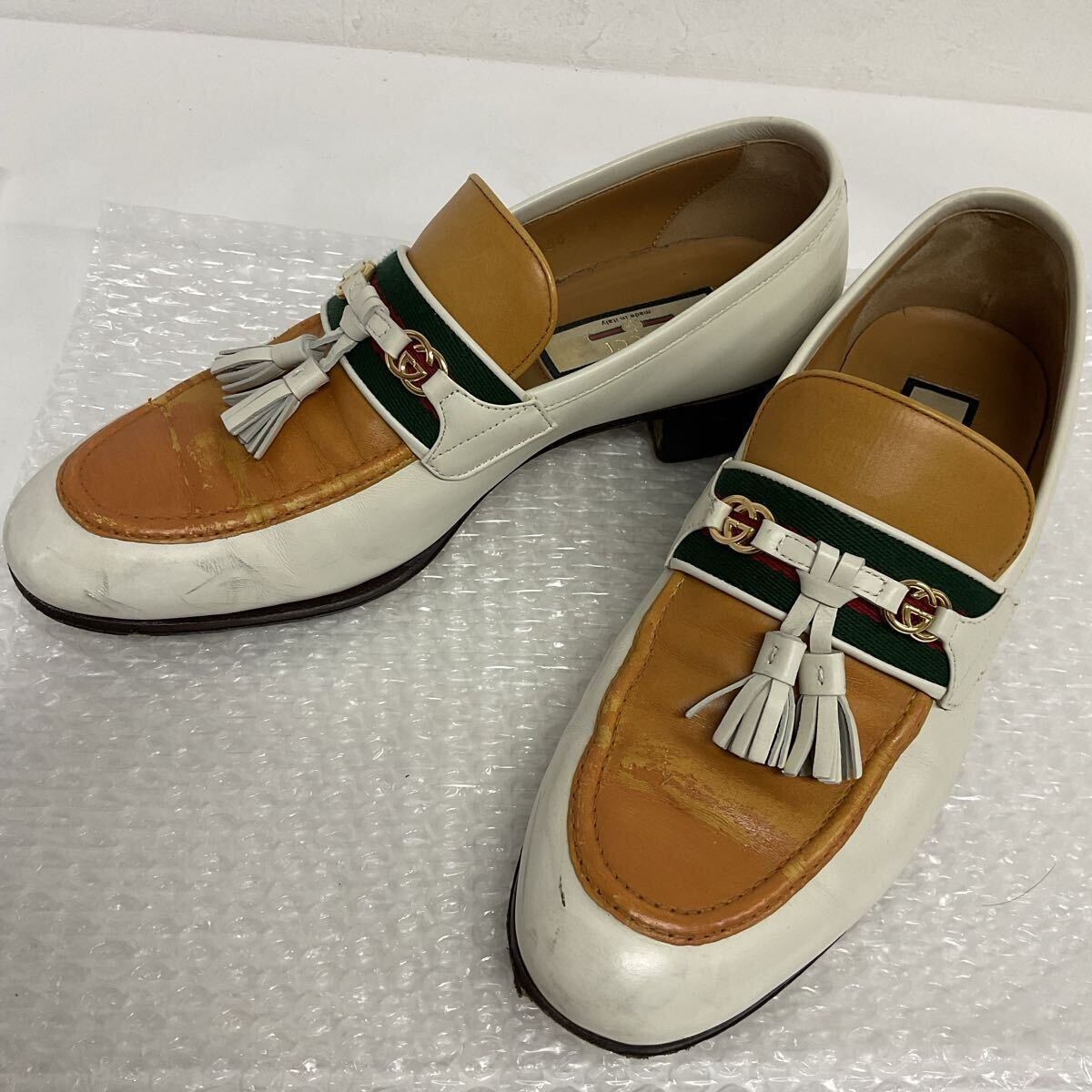 営TN062-60◆ GUCCI グッチ シェリーライン タッセルローファー 675650 6 04V 革靴 ローファー 靴 ヒール3cm 25.0cm拍卖