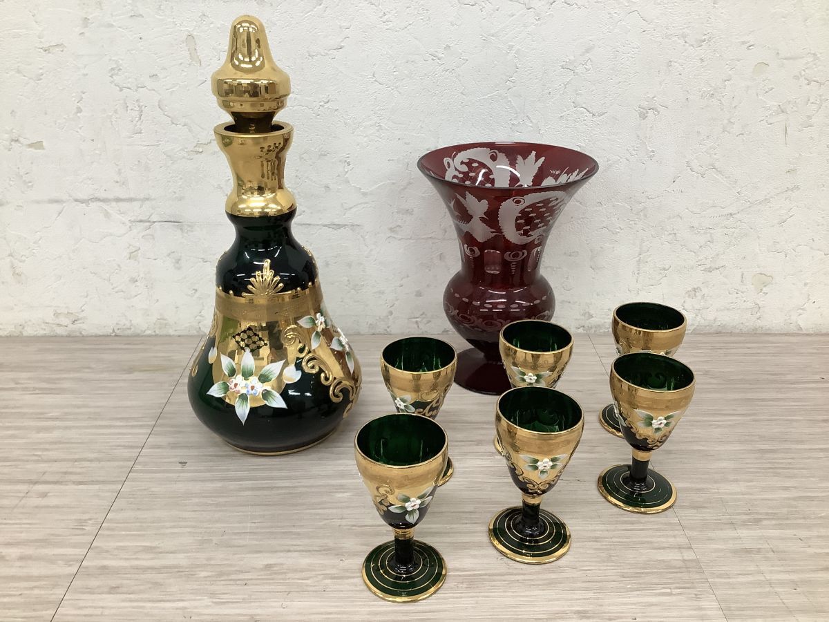 ●営KW246-80 ベネチアングラス / ボヘミアガラス ゴブレット 6客 金彩 花柄 グリーン / レッド カットガラス セット まとめ /h拍卖