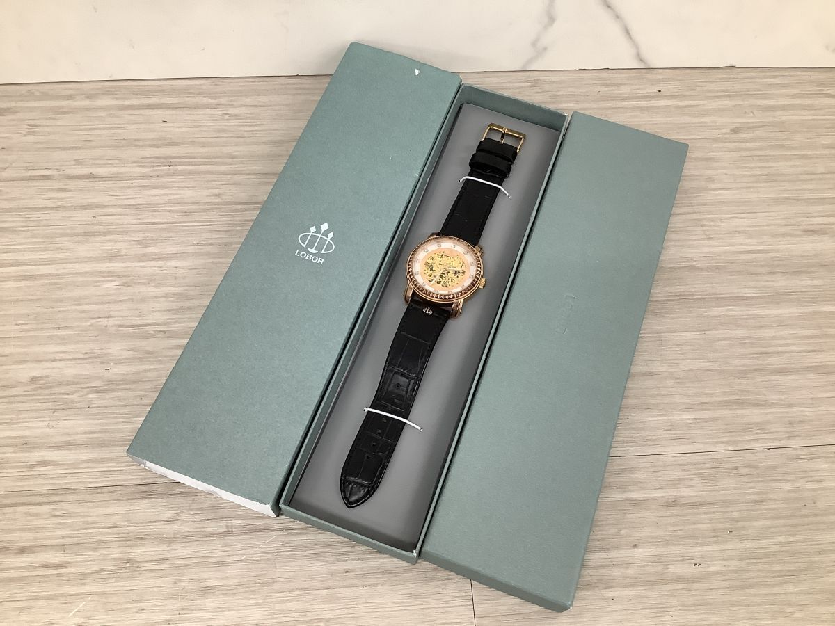 ●代GVA006-60 【稼働品】 LOBOR ロバー LB1016M 316L 自動巻 腕時計 スケルトン文字盤 ラウンド ピンクゴールド ブラック 元箱付き /h拍卖