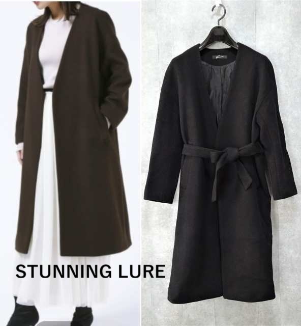 【STUNNING LURE|スタニングルアー】 定価5万4千 ウール混 ノーカラーVネックコート ベルテッドコート ロングコート 黒 サイズ1 即拍卖