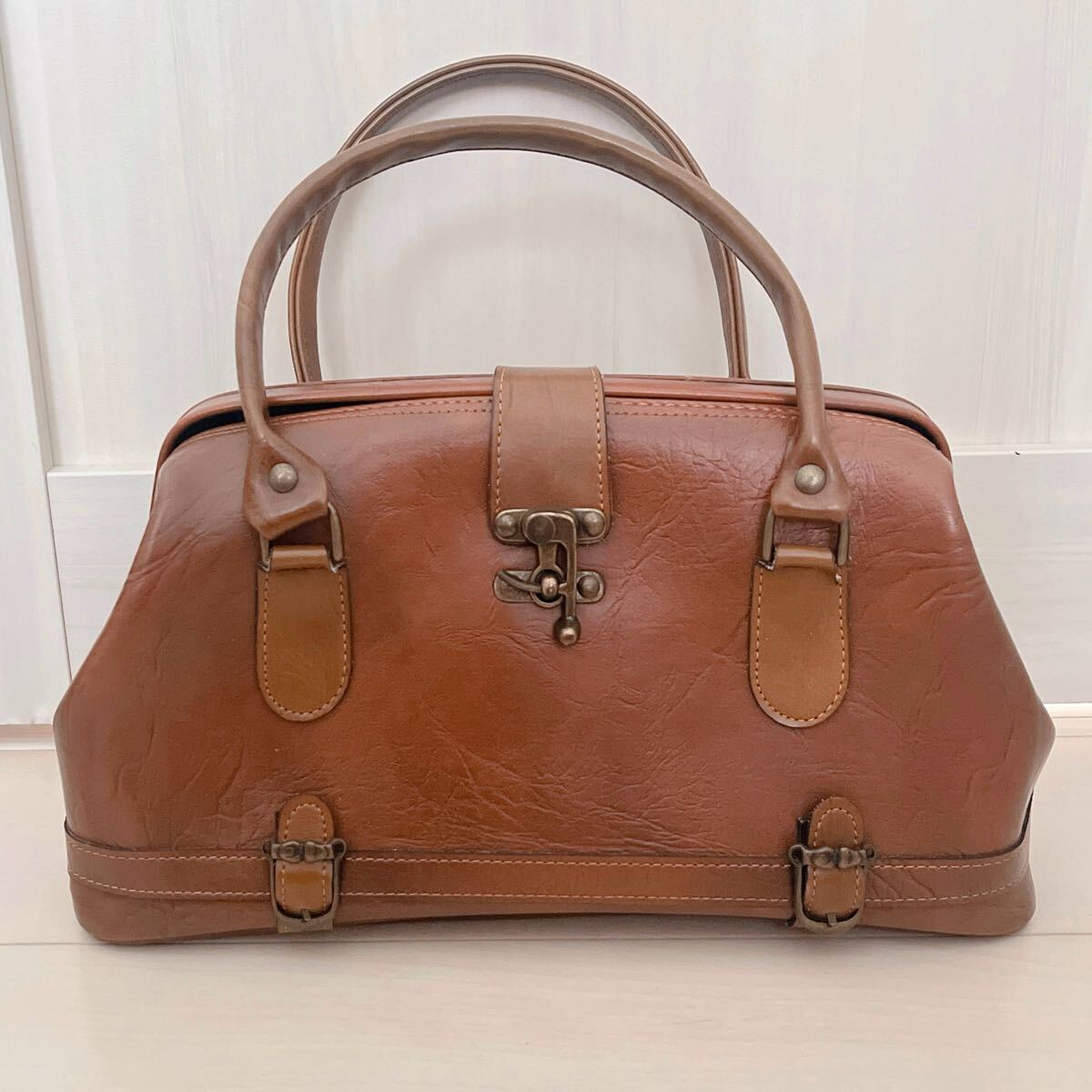 ヴィンテージ ボストンバッグ レトロ ハンドバッグ ブラウン拍卖