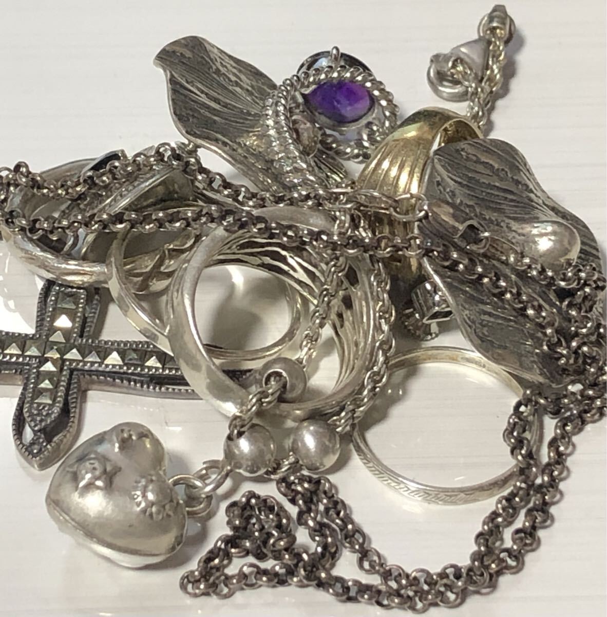 シルバー925 ネックレス リング ブレスレット 銀製品 ヴィンテージ アメジスト サファイア ダイヤモンド アクセサリー 刻印等 全てシルバー拍卖