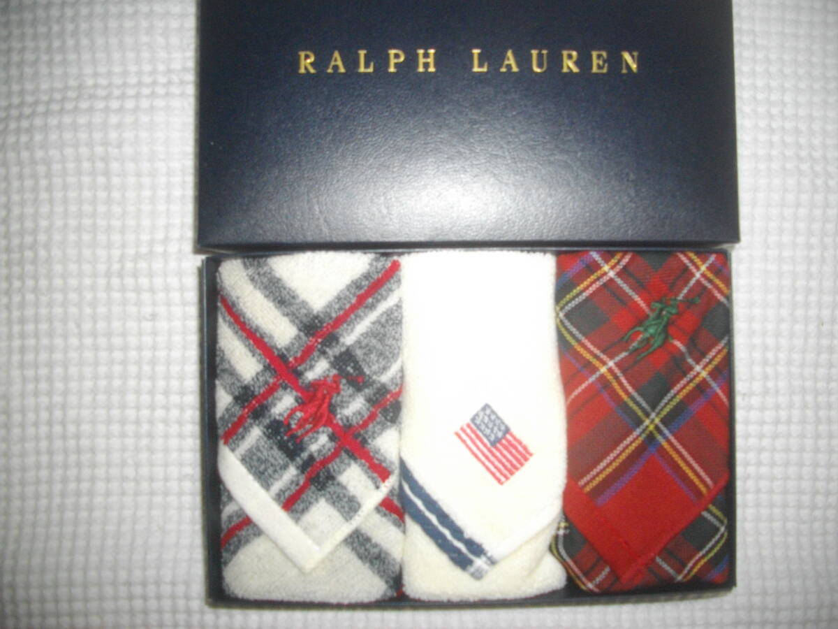 【ラルフローレン】 ロゴ刺繍入り タオルハンカチ 3枚 ◆拍卖