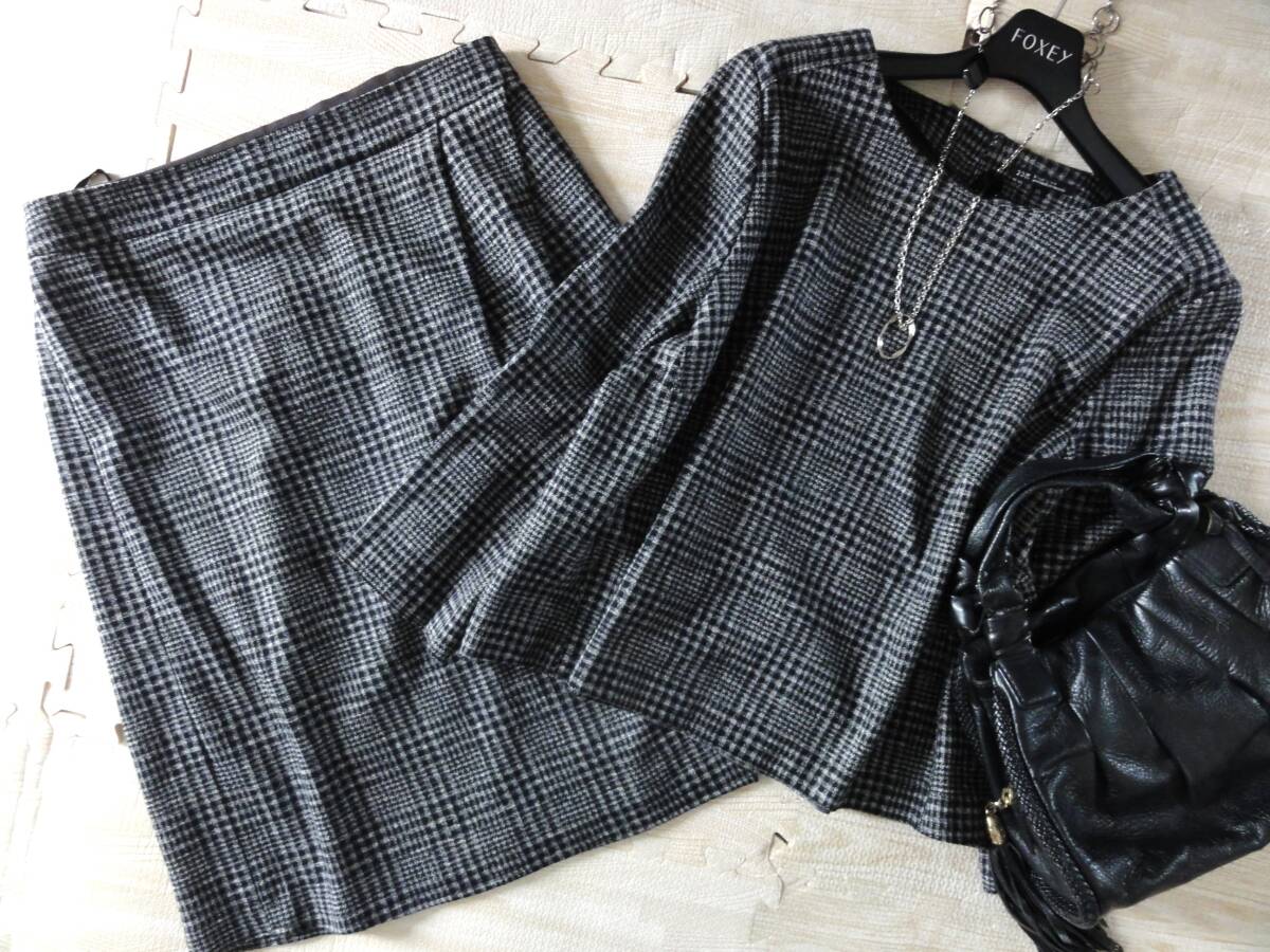 美品・23区・ウール混・チェックジャージースカートスーツ・セットアップ・大きいサイズ44拍卖