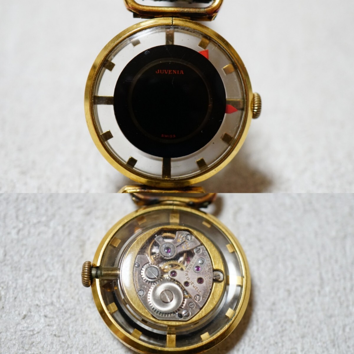 F2051 稼動品 JUVENIA/ジュベニア 裏スケルトン 手巻き レディース 腕時計 アクセサリー ヴィンテージ SWISS ブランド 訳あり ベルト破損拍卖
