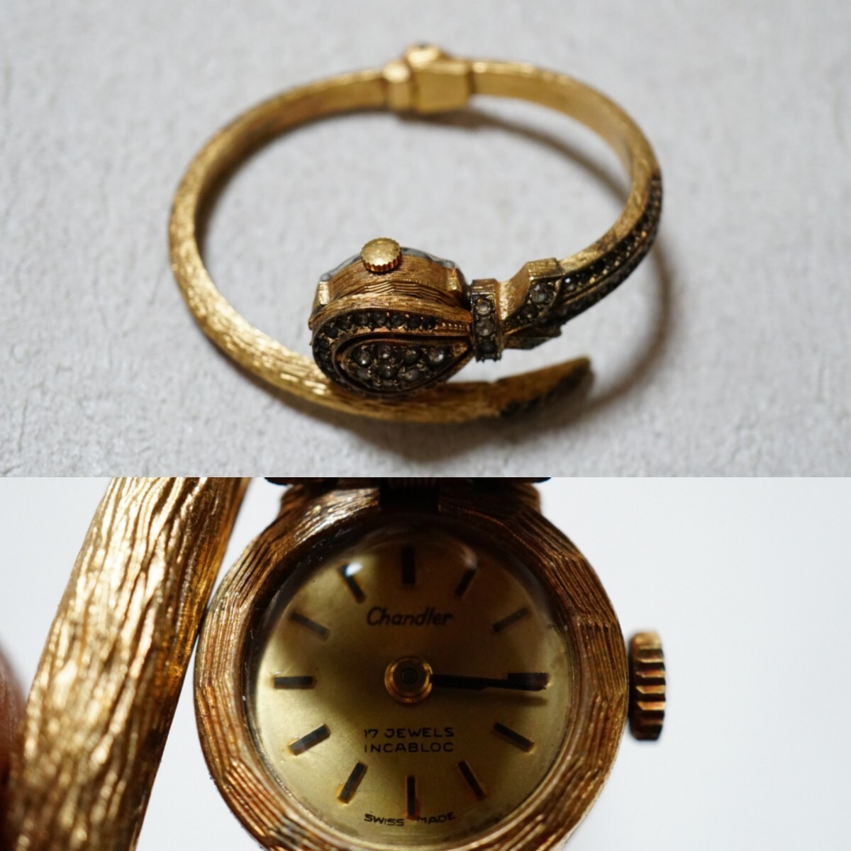F2025 稼動品 chandler/チャンドラー SWISS 17石 手巻き レディース 腕時計 バングル 腕輪 アクセサリー スイス ブランド 訳あり 汚れ拍卖