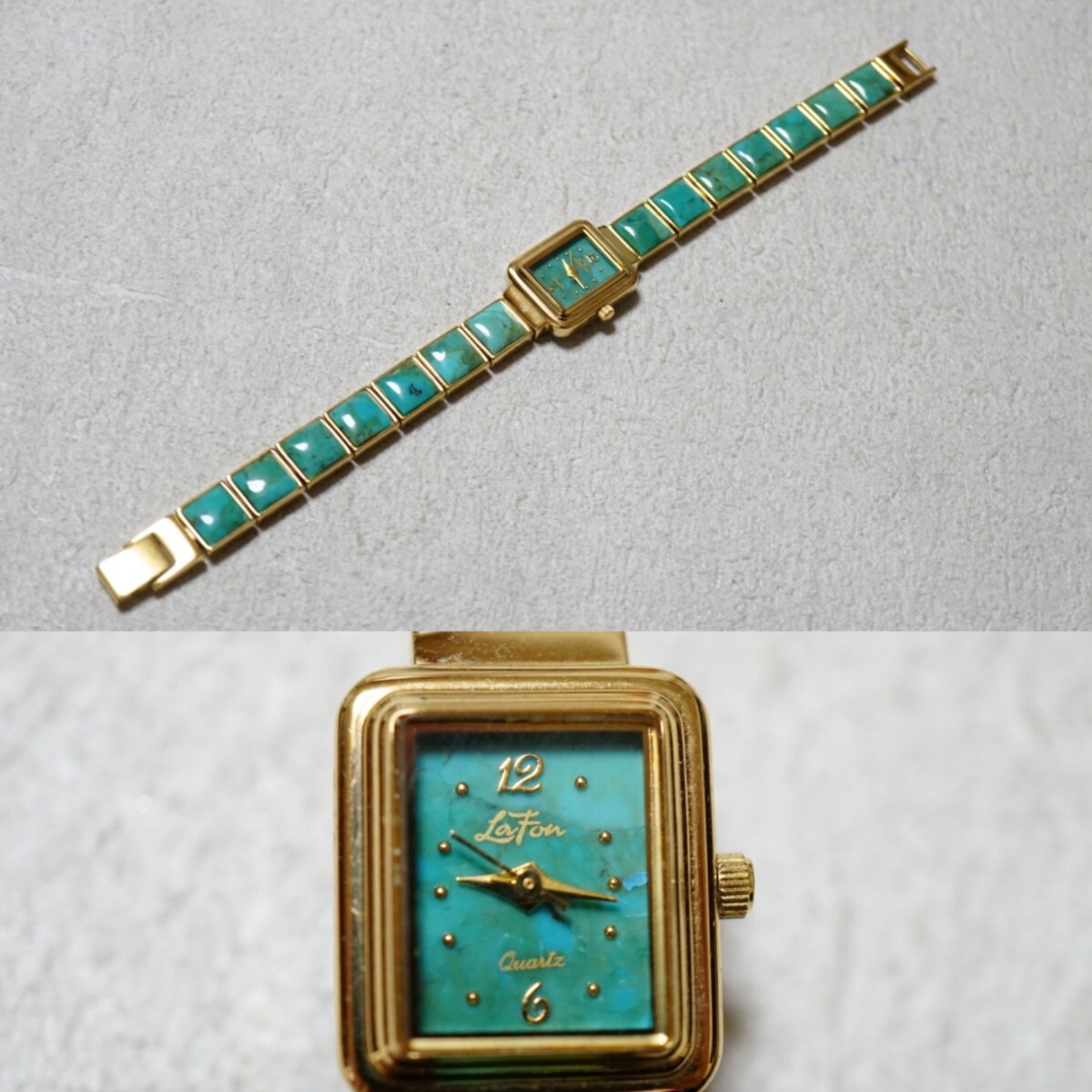 F2011 ターコイズ トルコ石 天然石 宝石 ゴールドカラー レディース 腕時計 アクセサリー ヴィンテージ ブランド クォーツ 不動品拍卖