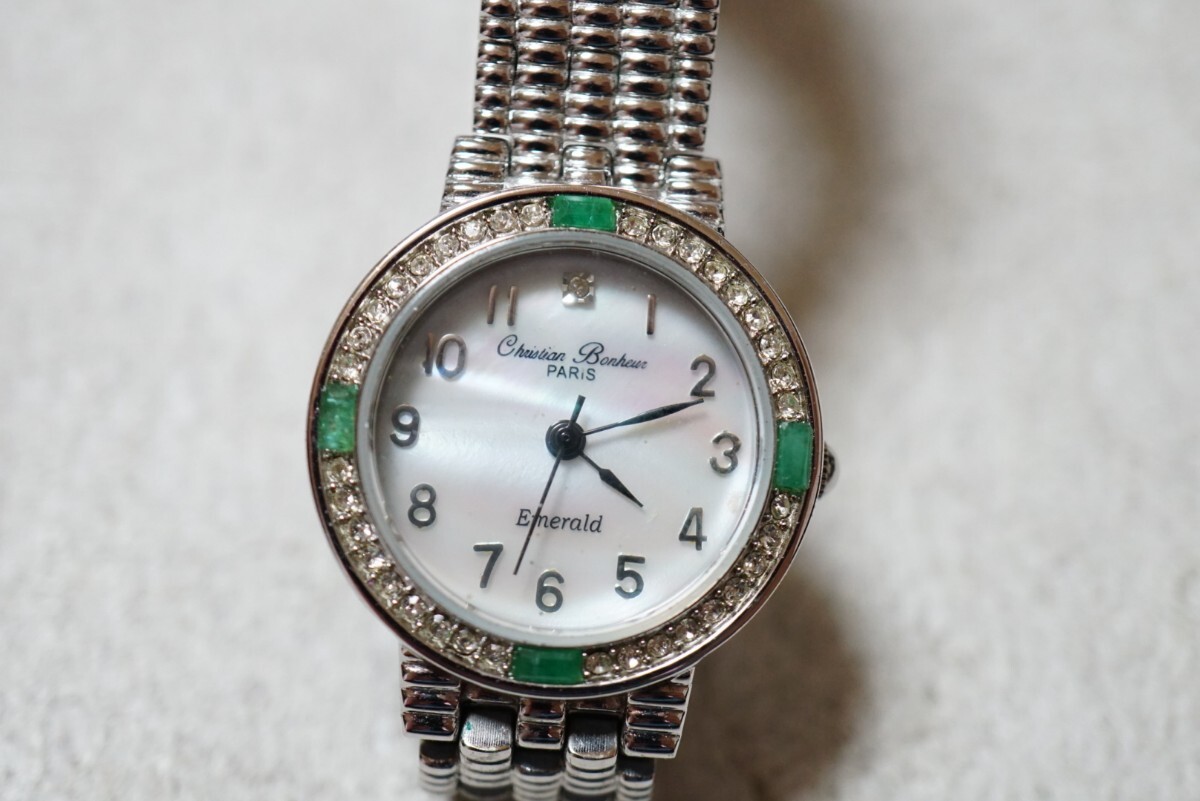 F2100 クリスチャン ボヌール/Christian Bonheu エメラルド シェル盤 宝石 レディース 腕時計 アクセサリー ブランド クォーツ 不動品拍卖
