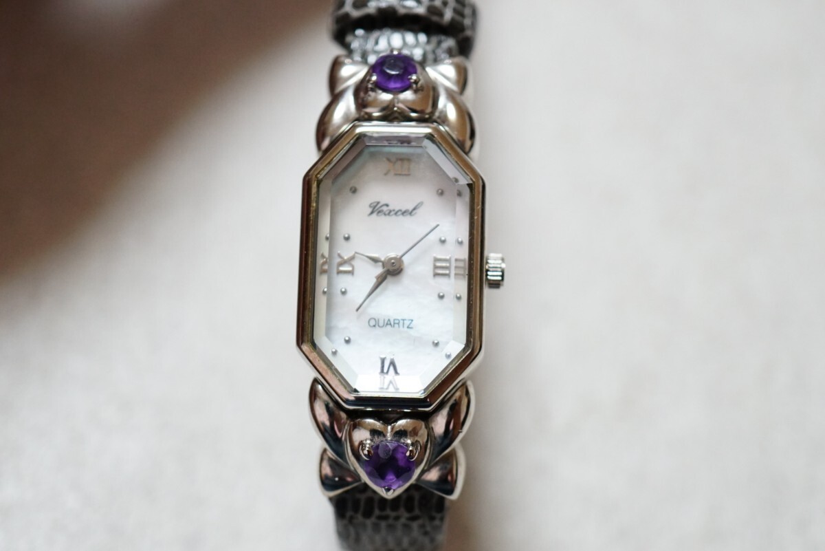 F2094 Vexcel/ヴェクセル アメジスト 宝石 シェル文字盤 レディース 腕時計 アクセサリー ヴィンテージ ブランド クォーツ 不動品拍卖