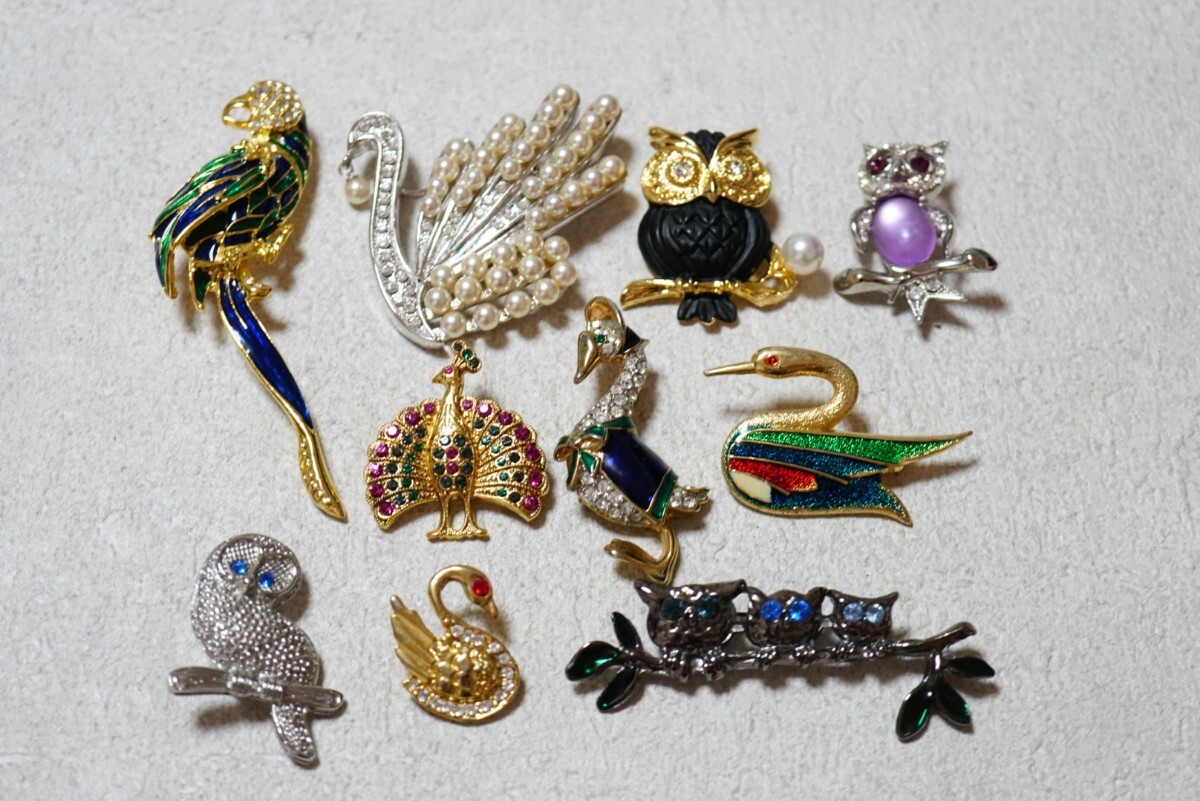 B2171 海外製含む アニマル 鳥類 ラインストーン ブローチ ヴィンテージ アクセサリー 大量 セット まとめて おまとめ まとめ売り拍卖