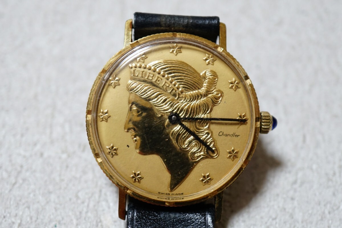 F2136 稼動品 chandler/チャンドラー リバティ SWISS 手巻き メンズ 腕時計 アクセサリー ヴィンテージ スイス ブランド 訳あり 裏蓋汚れ拍卖