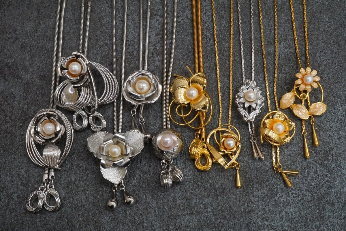 B1113 全てアコヤ真珠 本真珠 ループタイ ネックレス 10点セット ヴィンテージ パール アクセサリー 大量 まとめて おまとめ ペンダント拍卖