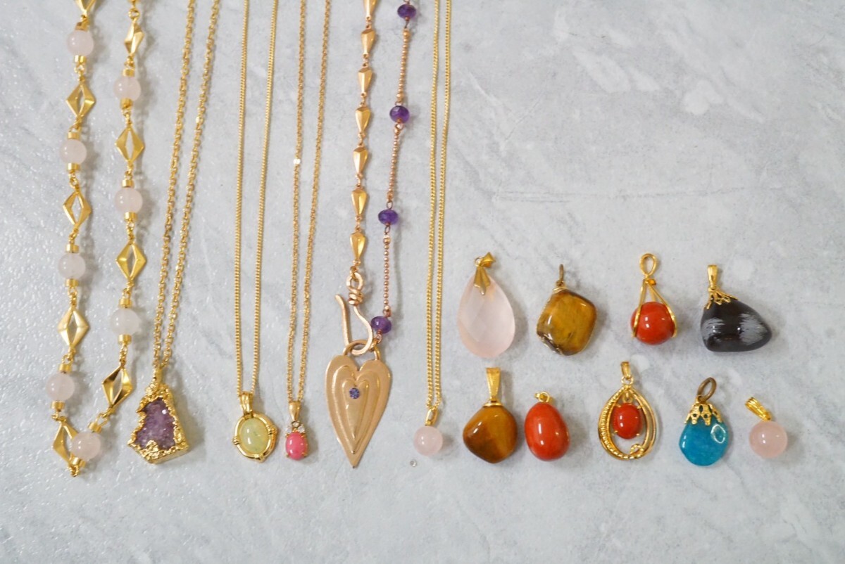 C783 全て天然石 カラーストーン ゴールドカラー ネックレス ペンダント 15点セット ヴィンテージ アクセサリー 大量 まとめて おまとめ拍卖