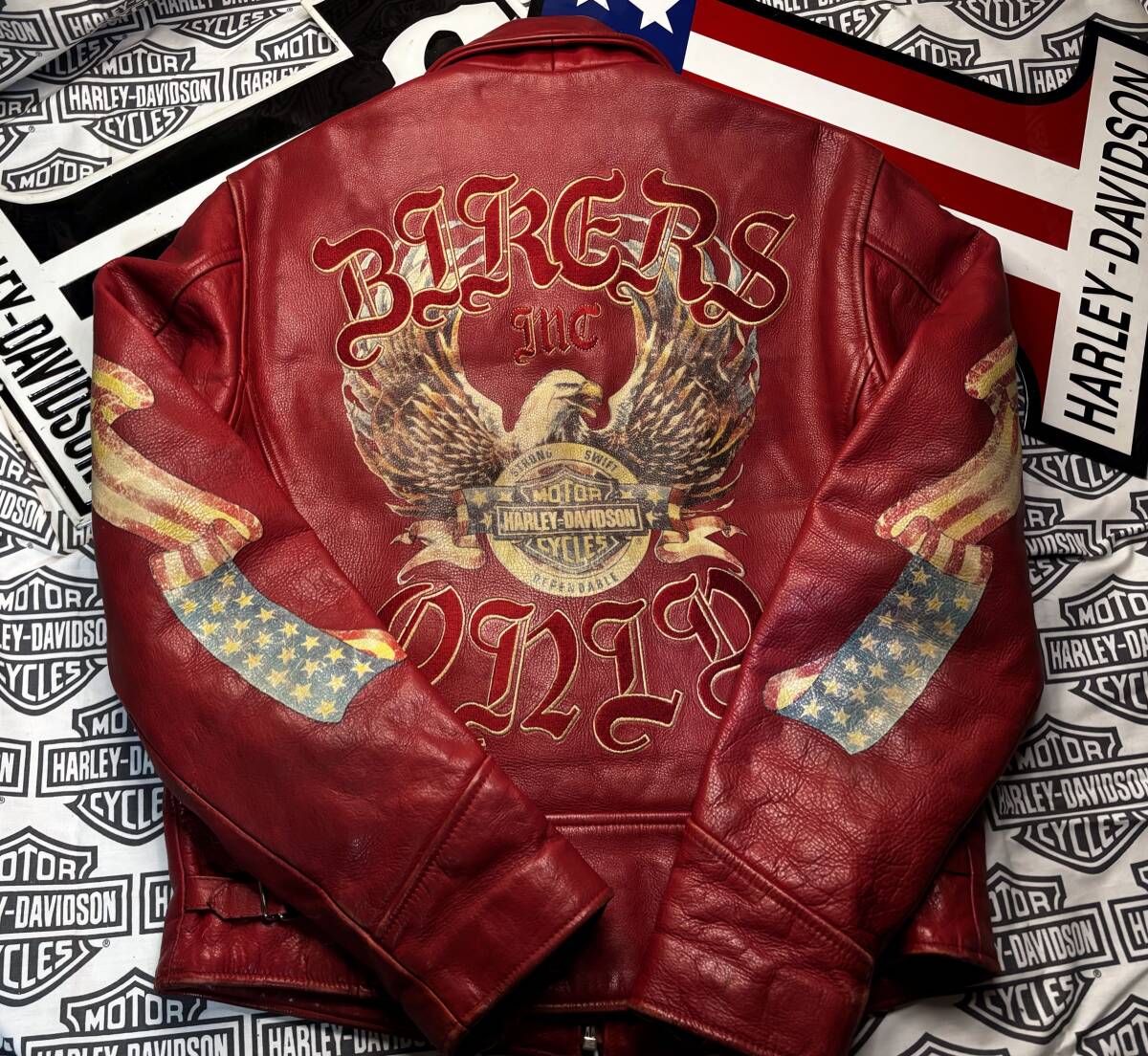 ★【稀少モデル】ハーレーダビッドソン ライダース・ジャケット立体大型刺繍ペイント&両腕部ペイント刺繍のレアモデル★Harley-Davidson★拍卖