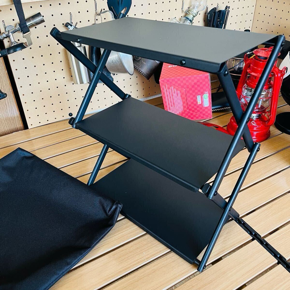 キャンプ用 超高品質 折り畳みテーブル 多機能卓上置物棚 収納棚 炭素鋼製 クッカー小物収納ラック アウトドア 野外登山 収納付拍卖