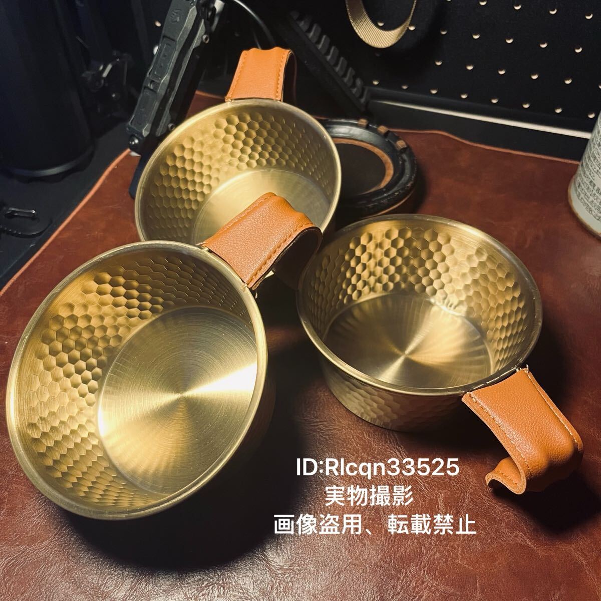 限定ゴールド 高品質 シェラカップ 3点セット 革製ハンドル 350ml ステンレス製 アウトドア 野外登山 キャンプ 調理器具拍卖